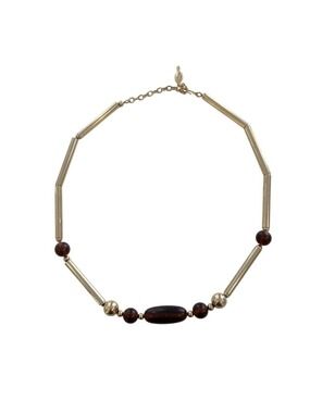 Sarah Coventry Vintage Gold-Tone Necklace With Brown Beads & Tubular Links 1970s
